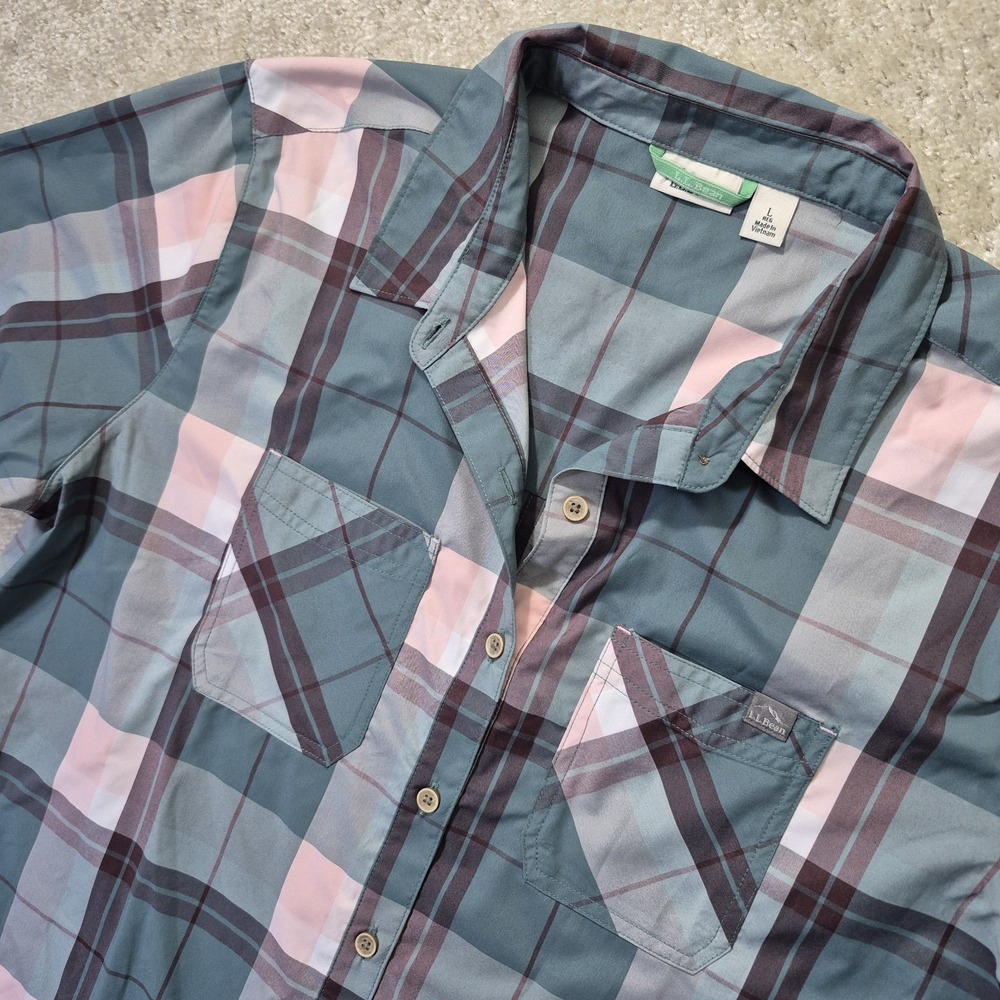 LL Bean Sunsmart Performance Button Up Shirt Womens Large Green Outdoor Hiking